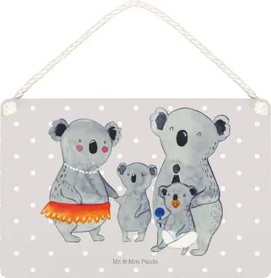 Produktbild von Mr. & Mrs. Panda Schild Koala Familie DIN A5 - Grau Pastell - Geschenk, Family, wandhänger, Holzschild, Mama, Kinder, Papa, Muttertag, kleine aufmerksamkeit, holzbild