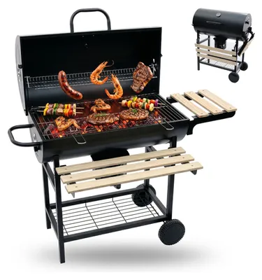 Image de Barbecue au charbon de bois Relaxdays avec chariot, couvercle et thermomètre, barbecue mobile, barbecue de jardin XXL avec tablettes, noir/naturel