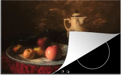 Produktbild von KitchenYeah© Herdabdeckplatte Malerei - Stilleben - Teekanne - Äpfel , 81x52cm, Küche Deko, Glaskeramikkochfeld Herdabdeckung, Abdeckplatte fùr Kochfeld