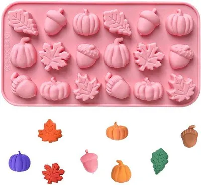 Image de Moule en silicone pour gâteaux - Motif automnal chocolaté - 18 cavités - Feuilles de noix et citrouilles - Réutilisable - Moule pour gâteaux d'Halloween et de Thanksgiving