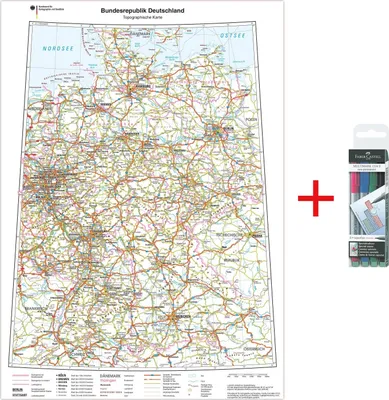 Produktbild von XXL Deutschlandkarte Topografisch 100 x 70cm, abwischbar  inkl. Stifteset, Landkarte Poster mit einseitiger Folienkaschierung Lieferung gerollt! (K704ab)