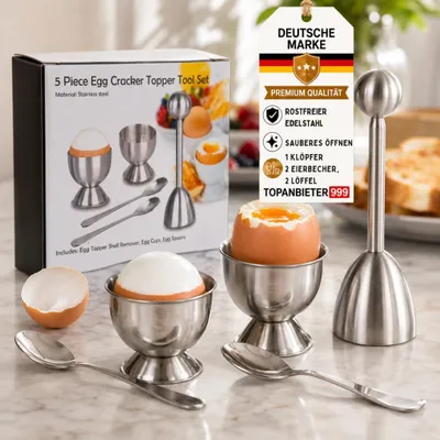 Image de Ensemble de supports à œufs en acier inoxydable, comprenant 5 pièces, avec un coupe-œufs et des cuillères, idéal pour la cuisine