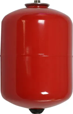 A red expansion tank for a heating system is shown in a studio shot.