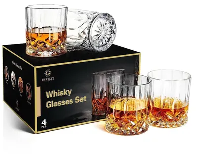 Obrázok produktu pre Sada 4 sklenených pohárov na whisky, objem 320 ml, vyrobené z bezolovnatého krištáľu, vhodné na rum, vodku, škótsku whisky, gin, koňak a vodu