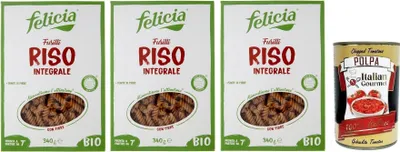 Produktbild von 3x Felicia Fusilli di Riso Integrale,Pasta mit 100% braunem Reis aus der italienischen Lieferkette,Bio und Natürlich Glutenfrei,Packung mit 340g + Italian Gourmet Polpa di Pomodoro 400g Dose