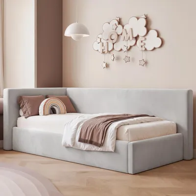 Produktbild von Eckbett Jugendbett Sampre 120x200 cm Hellgrau Links Velvet – Bettkasten, Metalllattenrost