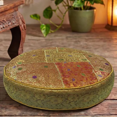 Produktbild von Orientalisches Rundes Patchwork Kissen 40 cm, Sitzkissen, Bodenkissen mit Baumwollfüllung - Goldgelb, Viskose, Zierkissen, Dekokissen, Sofakissen