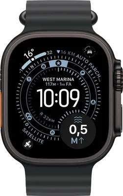 A close-up view of an Apple Watch Ultra on a black background.