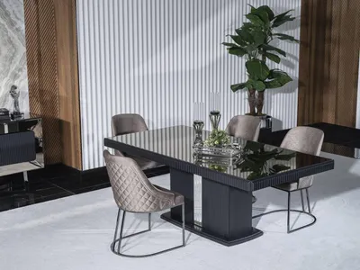 Produktbild von Elegantes Graues Esszimmer Set aus Holz mit modernen Stühlen