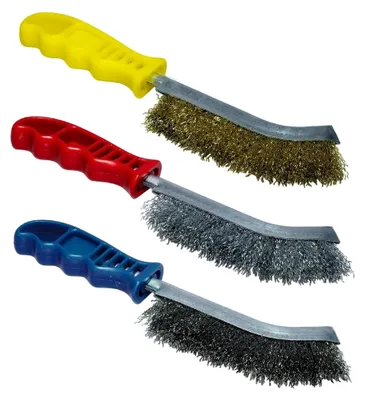Produktbild von Handdrahtbürsten-Set 3-teilig - Stahl-, Messing- und Edelstahlbürsten ergonomisch 265 mm - Praktisches Set zum Entrosten und Reinigen - für Metall, Stein, Holz
