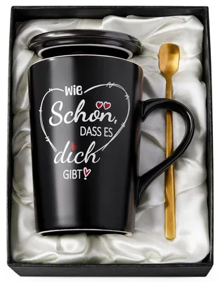Immagine prodotto di Tazza in Vetroceramica nera da 400 ml, con cucchiaino dorato e confezione regalo