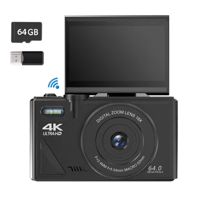 Produktbild von ZELURXX Taschen-Digitalkamera zum Fotografieren, UHD 4K 64MP Point-and-Shoot-Kamera mit 3-Zoll-Klappbildschirm, 18-fachem Zoom-Autofokus, Schwarz