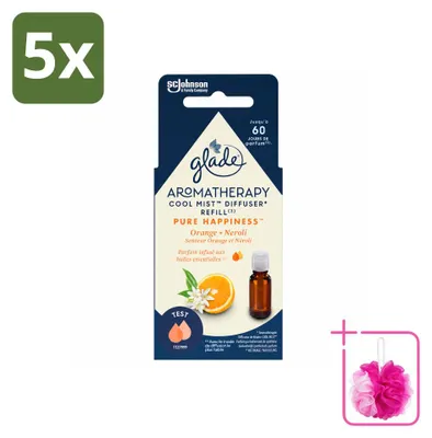 Imagen del producto de 5 unidades de recambio de aceite esencial Glade Aromatherapy, fragancia "Pure Happiness", con notas de naranja y neroli, de 17,4 ml cada una. Pack económico