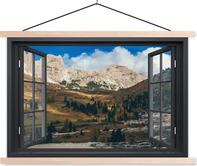 Produktbild von MuchoWow® Textilposter Aussicht - Berge - Grün 60x40 cm mit holzfarbenen Rahmen - Bilder