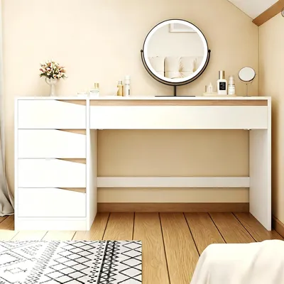 Produktbild von MODFU Schreibtisch mit 5 Schubladen,140x50 cm,Computertisch mit große Arbeitsfläche, für Schreiben,Lerntisch & Schminktisch,Weiß