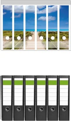 Produktbild von Wallario 6 Stück breite Ordner inkl. Klebeetiketten mit Motive Sandweg zum blauen Meer mit blauem Himmel -  Set mit Rückenschildern / Ordnerrücken Stickern