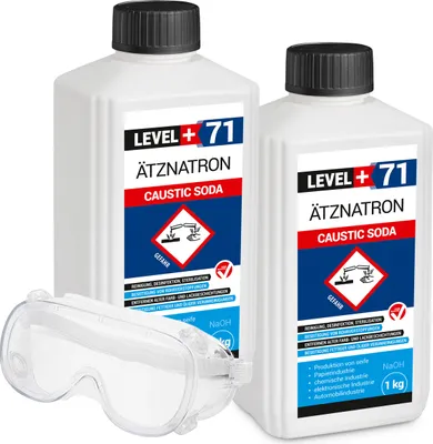 Produktbild von Ätznatron Entfetter Rohrreiniger Perlen Caustic Soda Flasche 2x1kg Seifenindustrie + Schutzbrille Arbeitsschutz Set RM71