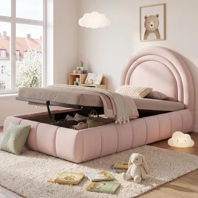 Obrázek produktu pro Dětská postel Flieks 90 × 200 cm s úložným prostorem, hydraulická čalouněná postel s roštem, jednolůžko pro mládež s čalouněným čelem, samet, růžová