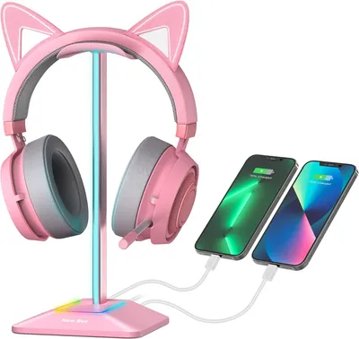 Image de Support pour casque - Porte-casque - Organisateur de bureau - Avec éclairage RGB - 24 cm de hauteur - Rose