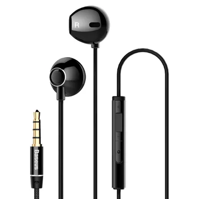 A pair of black earphones with a remote control and a 3.5mm audio jack, presented against a white background.