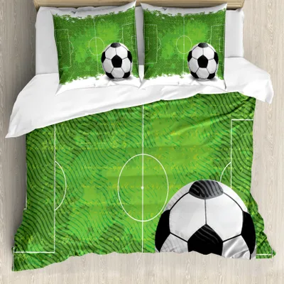 Produktbild von ABAKUHAUS Fußball Bettbezug, Grunge Fußball-Entwurf, Milbensicher Allergiker geeignet mit Kissenbezügen, 155 cm x 220 cm - 80 x 80 cm, Grün Schwarz Weiß