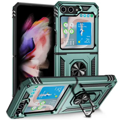 Obrázek produktu pro Pouzdro pro Samsung Galaxy Z Flip 5 dvouvrstvé robustní, vojenská ochrana pouzdro s držákem prstenu a stojánkem zelené
