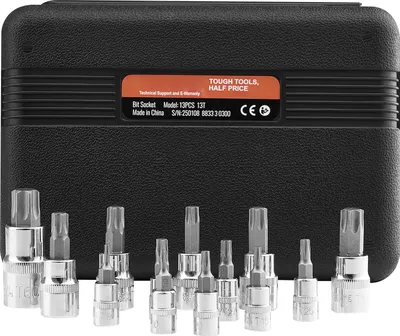 Zdjęcie produktu dla SucceBuy 13-częściowy zestaw kluczy nasadowych Torx, T8-T60, stop S2 i stal Cr-V