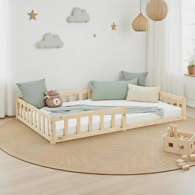 A child's bed with protective rails, decorated with cloud and star wall art, in a room with pendant lights.
