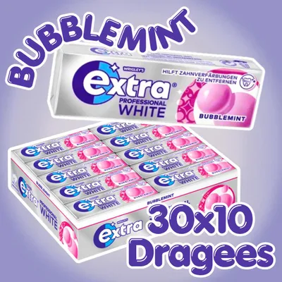 Produktbild von Wrigley's Extra Professional White Bubblemint Kaugummi 30 x 10 Dragees – Zuckerfreier Kaugummi mit Bubblemint-Geschmack + Heartforcards Versandschutz