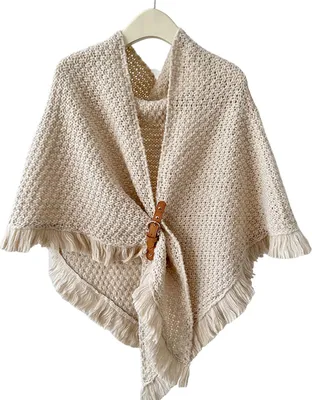 Produktbild von Herbst-Winter-Strickschal mit Quastendekoration, einfarbiger Dreiecksschal mit Knöpfen, verdickter warmer Strickschal