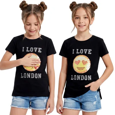 Produktbild von Schwarzes Kinder-T-Shirt mit Emoticon, Wendepailletten und „I Love London“-Aufdruck 128