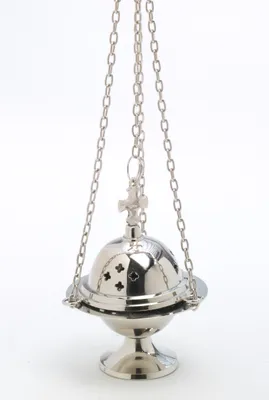 Produktbild von Weihrauchfass mit Kette zum Hängen aus Messing vernickelt Silber Höhe 11 cm mit Innenschale aus Stahl für die Räucherkohle