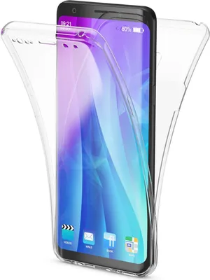 A clear, studio shot of a transparent phone case wrapped around a smartphone.