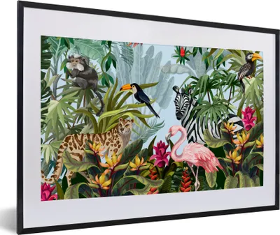 Produktbild von MuchoWow® Gerahmtes Poster Dschungel - Natur - Jungen - Mädchen - Kinder - Zebra - Flamingo 60x40 cm - Poster mit Schwarzem Bilderrahmen Wandposter Rahmen Foto Bilder - Schlafzimmer - Plakat in Rahmen - Drucken