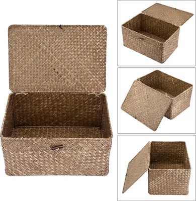 Produktbild von Seegras-Opbergkorb mit Deckel - Badkamer-Schreibtisch-Beistellkorb aus Holz - dekorativer Korb - multifunktioneller Opbergkorb - groß für Kaffee