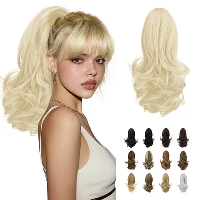 Productafbeelding van Paardenstaart haarverlenging, krullend, clip-in, 33 cm, wit, synthetisch