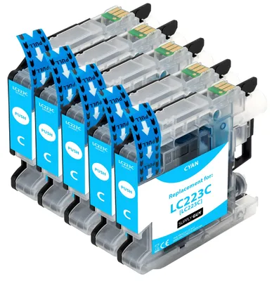 Produktbild von 5 Tintenpatronen kompatibel mit Brother LC-223 Cyan mit Chip und Füllstandsanzeige