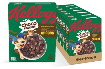 Produktbild von Kelloggs Kellogg's Choco Krispies Chocos (6 x 330 g) – schokoladige Cerealien verwandeln die Milch in Kakao – knusprige Cereal-Chips mit Schokoladengeschmack für maximalen Frühstücks-Spaß