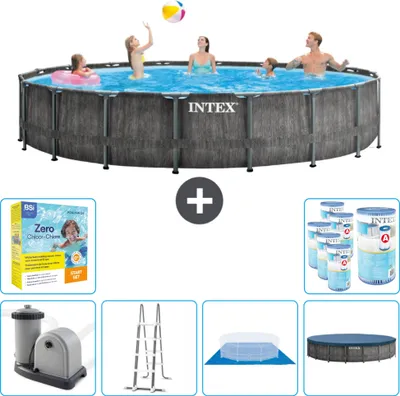 Produktbild von Intex Round Prism Frame Greywood-Schwimmbecken – 549 x 122 cm – inklusive Pumpe – Leiter – Bodenplane – Abdeckung Wartungspaket - Filter