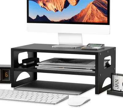 Produktbild von Pholiten Metall-Monitorständer mit Ablagefach – 18 cm ergonomische Höhe – 30 kg Tragfähigkeit – Schwarz