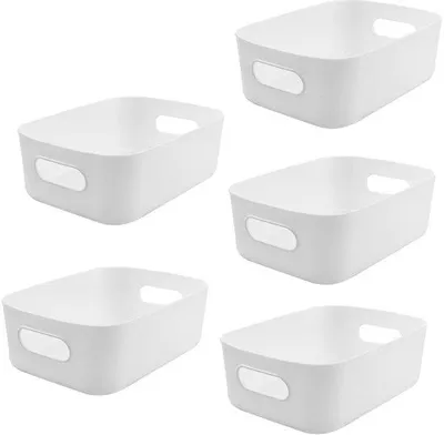 Productafbeelding van Unyqoos® Set van 5 kleine, witte opbergmanden van PP-kunststof, met handgrepen, stapelbaar, afmetingen 20,5 x 15 x 7 cm – Geschikt voor badkamer, keuken, kantoor