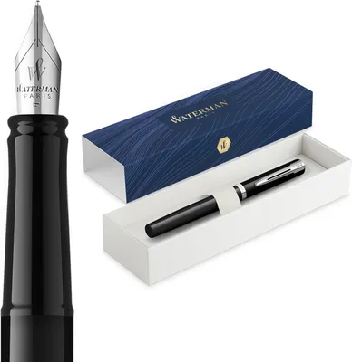 Productafbeelding van Waterman Impression Vulpen - Medium vulpenpunt met blauwe inktvulling - Zwarte lak met palladium-Gecoate afwerking