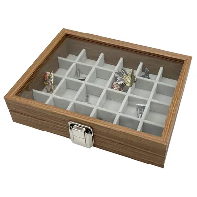 Produktbild von Kleine Holz Schmucklade 24 Fächer für Ringe Ohrringe Halsketten Armbänder Schmuckkasten Schmuckkoffer Schmuckbox Schmuckschatulle Aufbewahrungsbox Deckel mit Echtglas