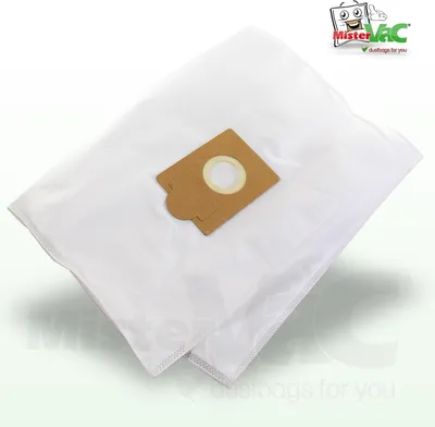 Two white vacuum cleaner bags are shown, one on top of the other, with a cardboard collar on the top bag.
