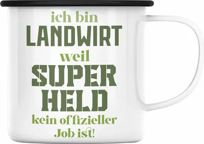 Produktbild von Trendation - Landwirt Geschenk Emaille Tasse Landwirtschaft Geschenke für Männer Traktor Spruch Emaille Emaille Tasse Superheld (Schwarz)