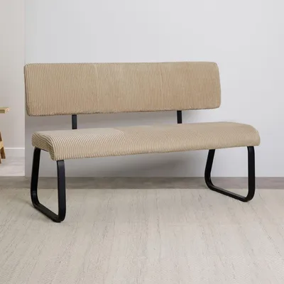 Produktbild von Esszimmerbank MATESE aus Kord, beige – gemütliche Sitzbank mit Rückenlehne, gepolstertem Sitz, Metallgestell in Schwarz, moderne Küchenbank für 2 Personen [Belastbarkeit bis zu 250 kg]