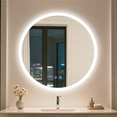 Obrázok produktu pre WISFOR LED zrkadlo do kúpeľne, priemer 80 cm, okrúhle, s osvetlením, nástenné zrkadlo s pamäťovou funkciou, s funkciou proti zahmlievaniu, IP66, 3 farby svetla