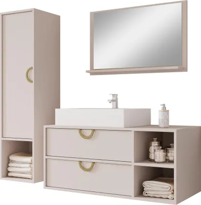 Produktbild von MIRJAN24 Badmöbel-Set Lefog, Badezimmer-Set mit Spiegel und Waschbecken (Farbe: Cashmere, mit Siphon)