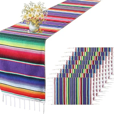 Produktbild von Mexikanischem Tischläufer und 8 Platzsets, Boho Tischläufer Herbst Gartenparty, Outdoor Tischsets Mit Quasten, Modern Tischläufer Taufe, Tischläufer Geburtstag (35*215cm)