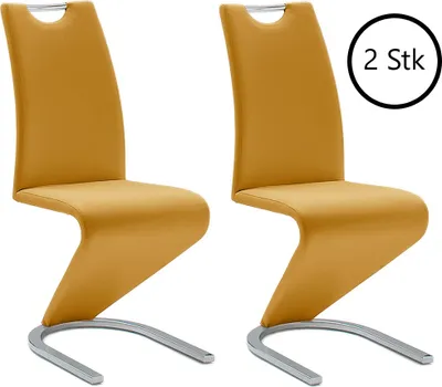 Two yellow dining chairs with chrome sled bases are shown against a white background.